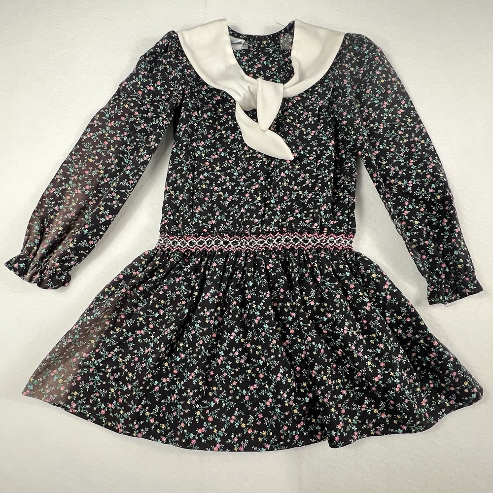 Vintage Polly Flinders Girls 6X Black Floral Sailor Collar Dress Cottagecore